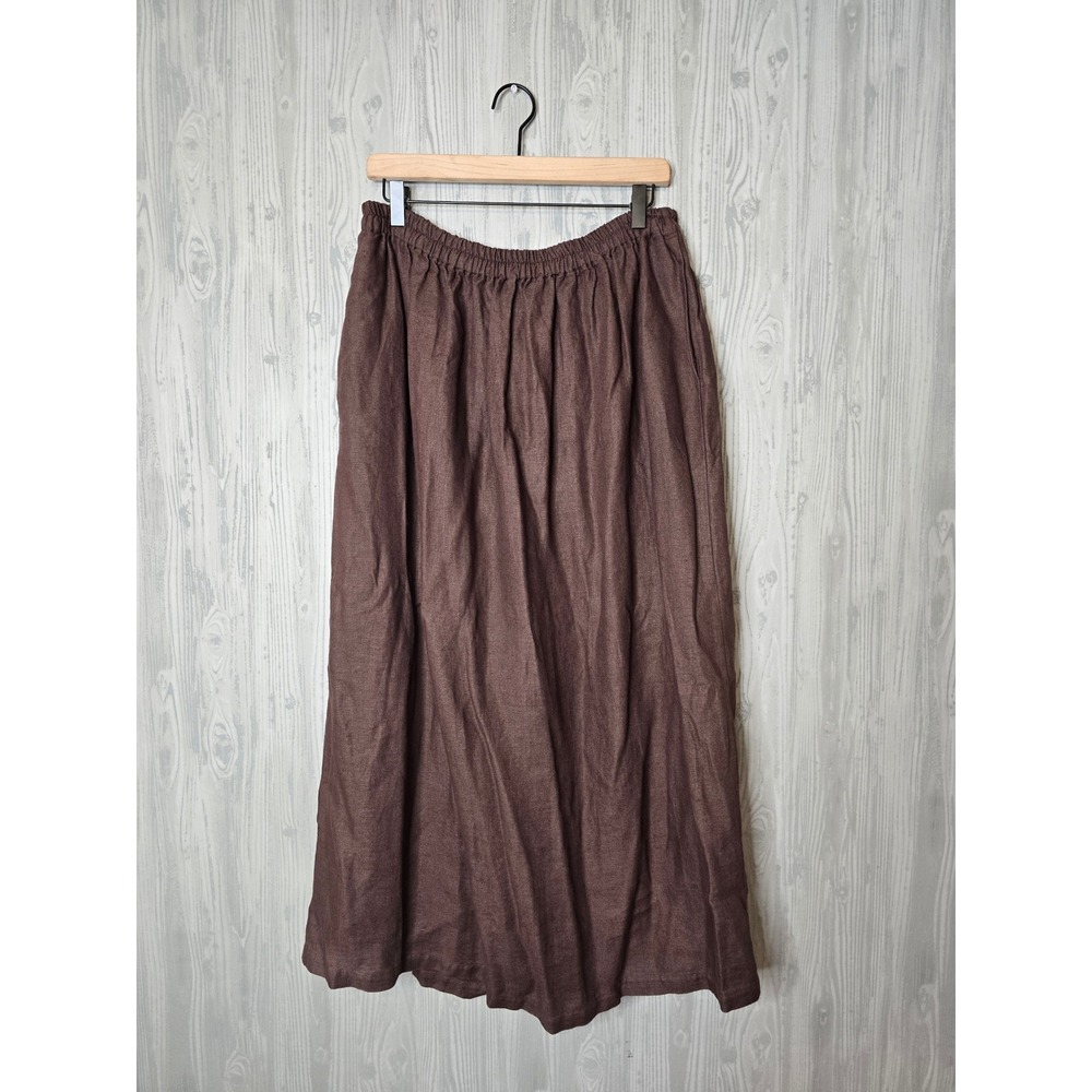 Vintage What's Up 100% Linen Maxi Skirt Womens XL Brown Natural Fiber A-Line